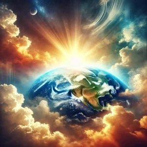 DALL·E 2024-07-03 15.53.00 - Tranquil representation of Earth from space, symbolizing hope, peaceful with rays of sunlight breaking through clouds, serene atmosphere, vibrant colo