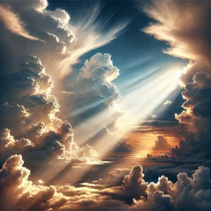 DALL·E 2024-07-03 15.53.03 - Sky with clouds parting and beams of light shining through, representing God's care and activity in creation, serene and uplifting visual