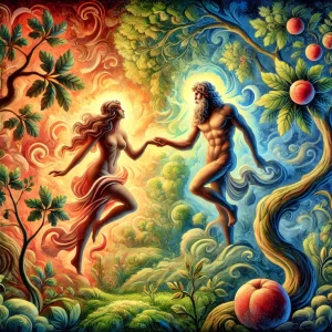 DALL·E 2024-07-03 15.53.07 - Artistic representation of Adam and Eve in the Garden of Eden, vibrant and lush environment, both figures depicted in a serene pose, symbolic of harmo